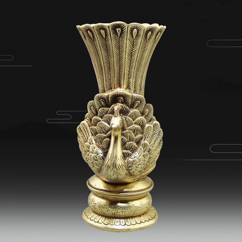 Brass Peacock Vase, China Style Vases, Chinese Living Modern Home Decor, Beauty Of Ancient Rhyme, 18CM*6.6CM, Desk Decoration