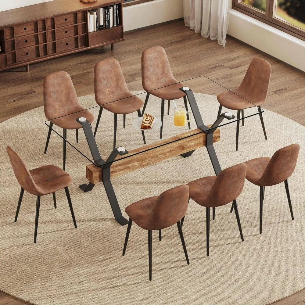 Dining Table Set, 8 Soft Cushioned Black Kitchen Chairs, Stylish Tempered Glass Top, Perfect for Small Rooms, Table