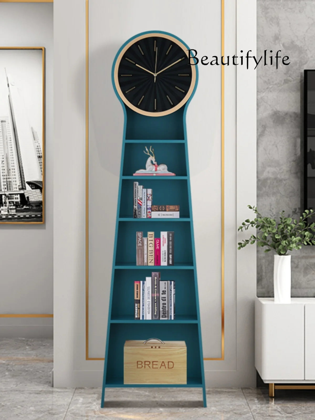 Light Luxury Floor Modern Minimalist Living Room Radio Wave Solid Wood Clock Storage Bookshelf Clock Big Decorations