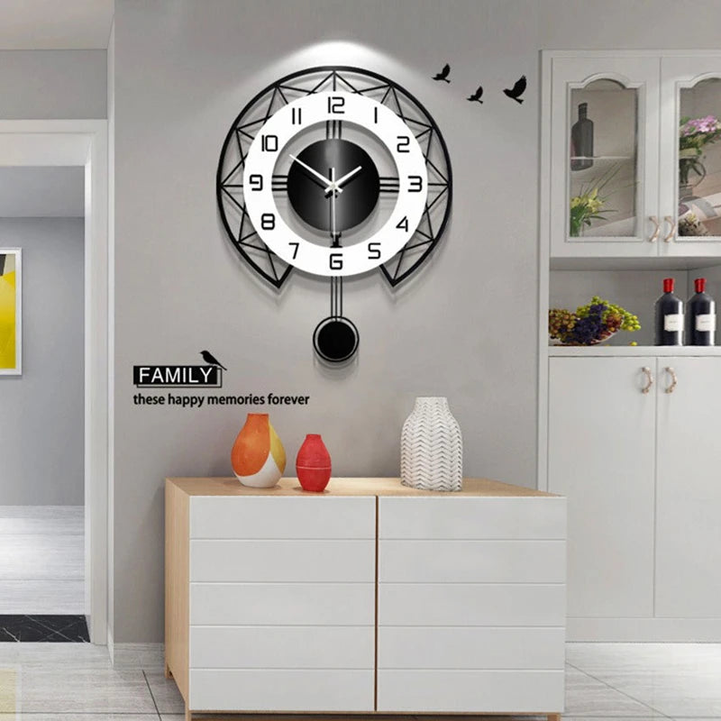 Modern Nordic 3D Wall Clocks With Pendulum Minimalist Black Metal Silent Wall Clock Living Room Restaurant Decoration Clock 50cm