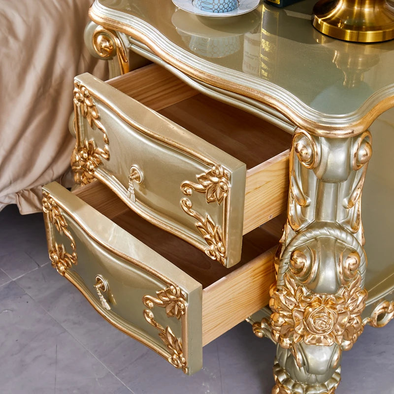 European style bedside table American luxury bedroom gold and silver solid wood carved bedside table