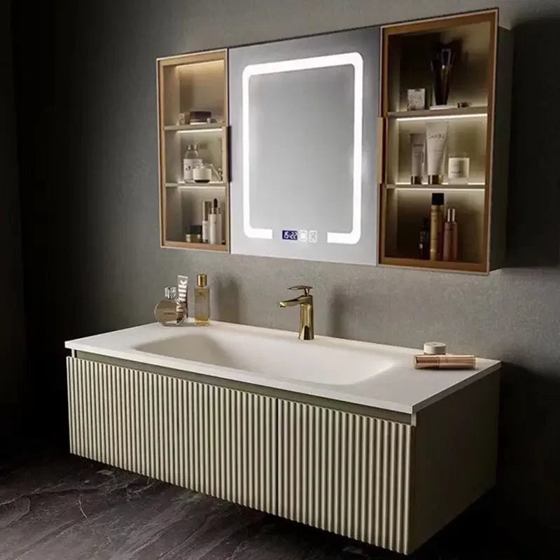 Light Luxury Oak Bathroom Cabinet LED Smart Mirror Slate Integrated Washbasin Bathroom Vanity Sink Cabinet Bathroom Furniture