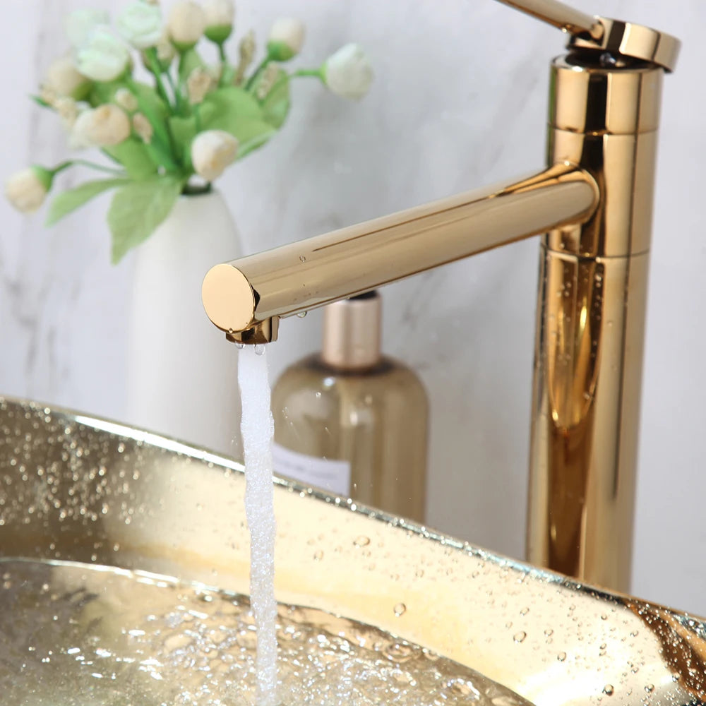 Torayvino Luxury Golden Polished Bathroom Ceramic Lavatory Bath Combined Mixer Washbasin Vessel Sink Faucets Set W/ Pop Drain