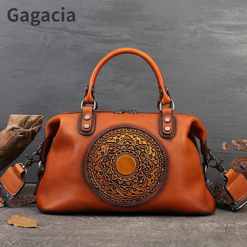 GAGACIA Vintage Boston Women Casual Tote High Quality Bohemian Style Genuine Leather Ladies Should Bags 2024 New Luxury Handbag