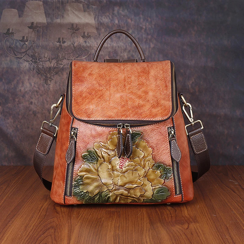 Genuine Cowhide Leather Women Bag Retro Floral High Quality Luxury Backpack For Female 2024 New Large Capacity Travel Backpacks