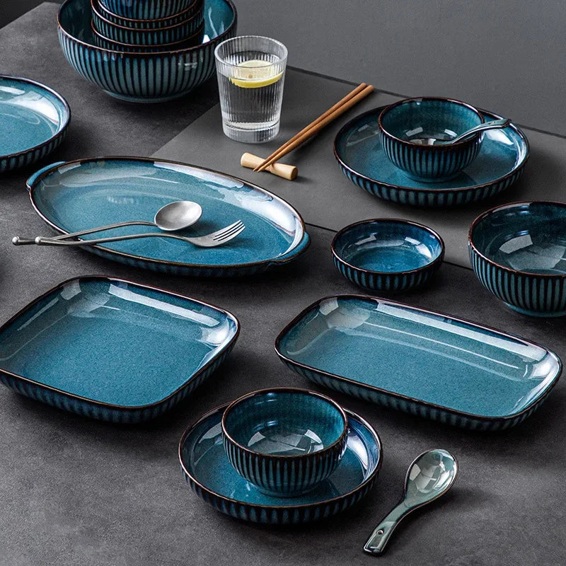 Blue kiln glaze tableware, ceramic rice salad, plate, plate, fish plate, tableware dinner set plates and dishes