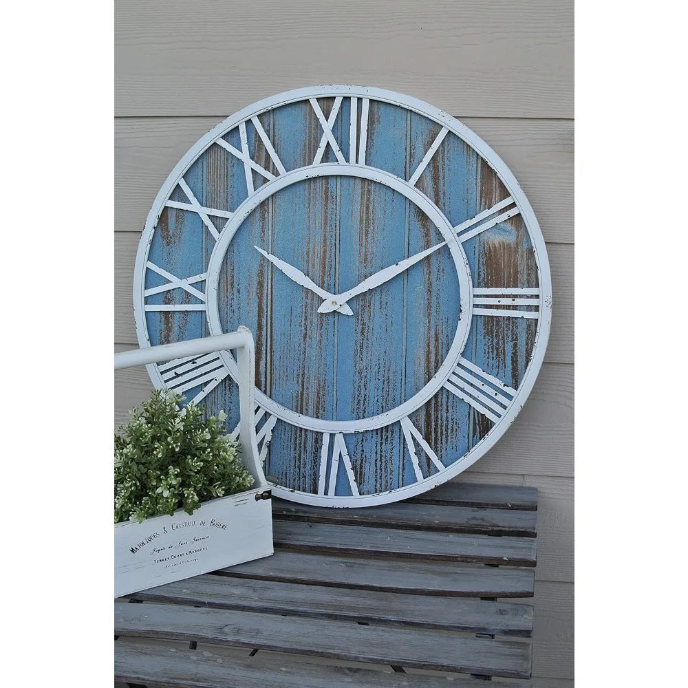 36" Coastal Wall Clock - Metal & Solid Wood Noiseless Weathered Beach Blue Decor Living Room Moving Gears Wall Clock