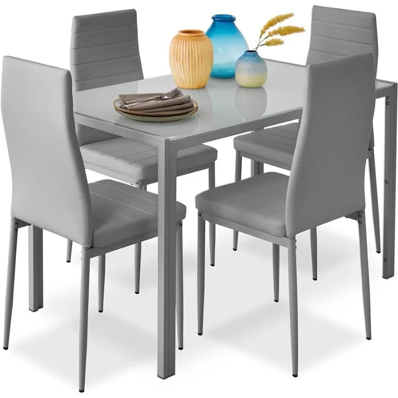 5-Piece Glass Dining Set, Modern Kitchen Table Furniture for Dining Room, Dinette, Compact Space-Saving w/Glass Tabletop,