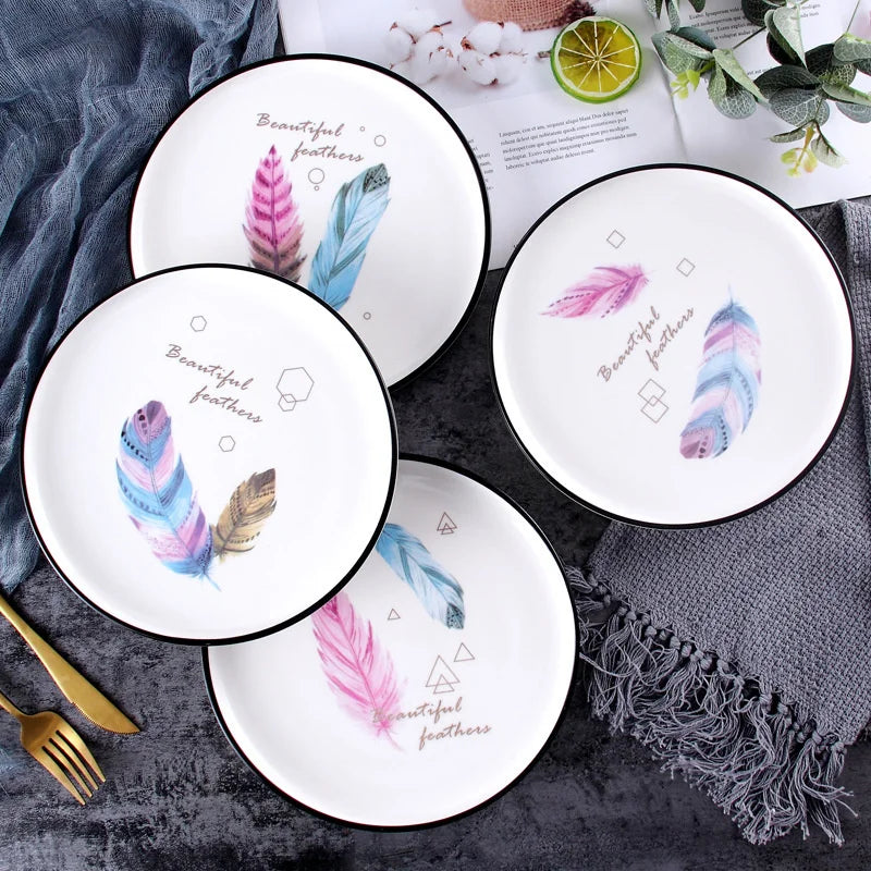 Sale Beautiful Colour Feather Beefsteak Plate Dinner Set Porcelain Western Food Restaurant Salad Dessert Dish Ceramic Pizza Tray