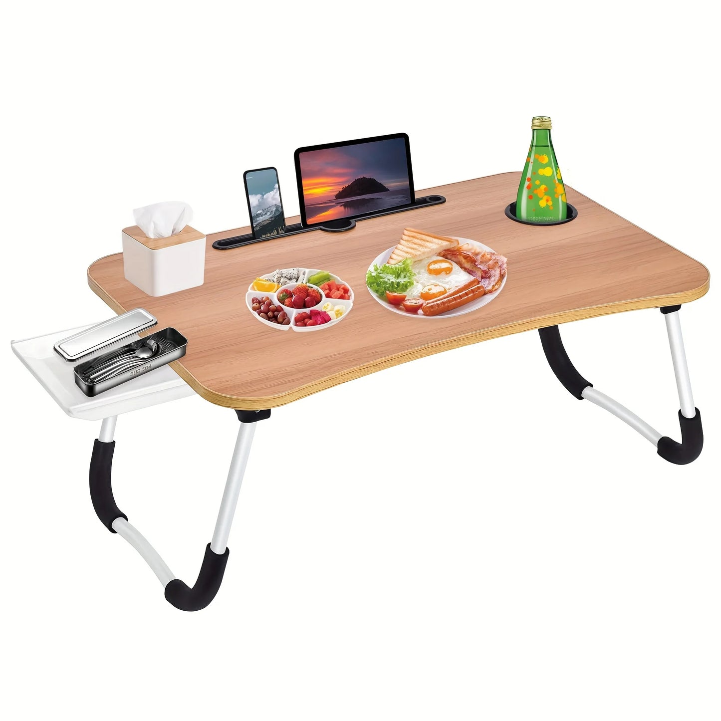 Laptop Bed Table Foldable Lap Table with Cup Holder Drawer Tablet Stand Laptop Bed Tray Table Portable Lap Table Foldable Legs