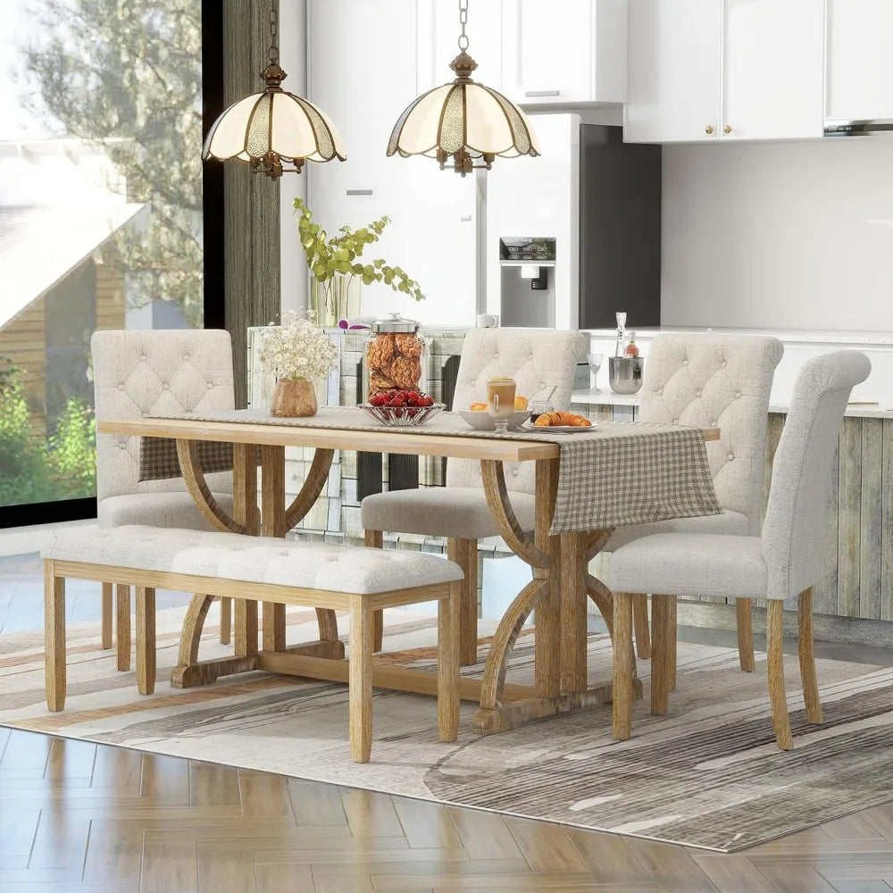 6 Pieces Wood Dining Table Set with Bench, Retro Rectangular Table with Unique Legs and 4 Upholstered Chairs for Dining Room