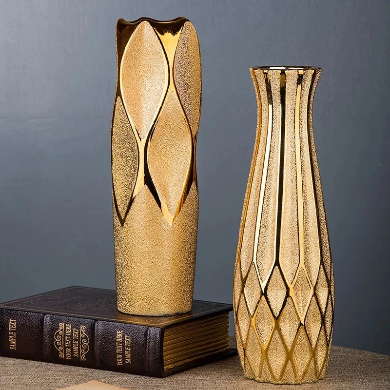 30CM Luxury Europe Gold Ceramic Vase Home Decor Creative Design Porcelain Decorative Flower Vase For Wedding Decoration