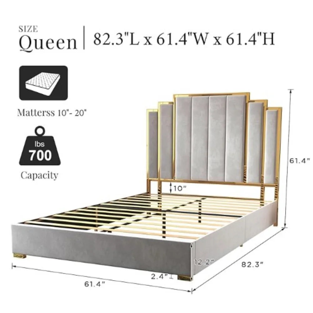 Queen Size Bed Frame, 61.4" Velvet Upholstered Beds with Gold Trim Headboard/No Box Spring Needed, Queen Size Bed Frame