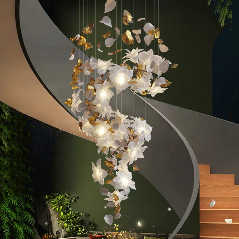 Designer Luxury Loft Chandelier Light Stairscase Living Room Nordic Villa Hotel LED Flower Crystal Copper Hanging Chandelier