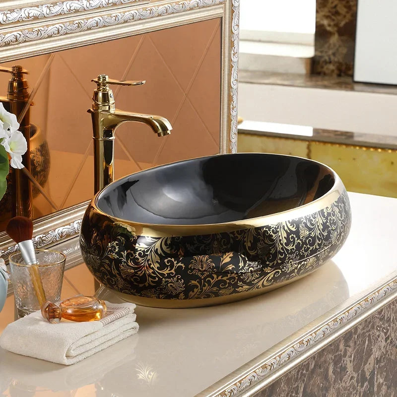 Luxury royal vintage vanities table counter top oval ceramic bathroom vessel sink gold and black hand wash art basin