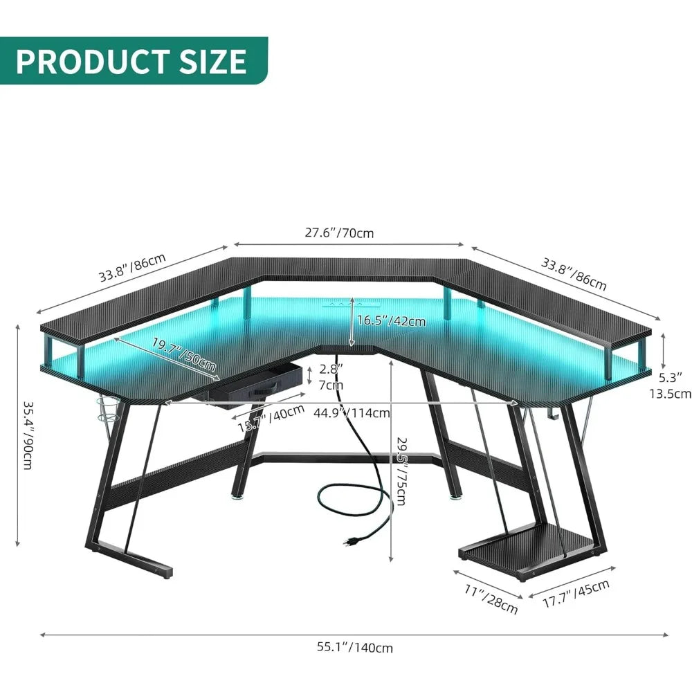 L Shaped Gaming Desk, LED Lights & Power Outlets, Computer Desk with Drawer & Monitor Stand & Carbon Fiber Surface, Corner Desk