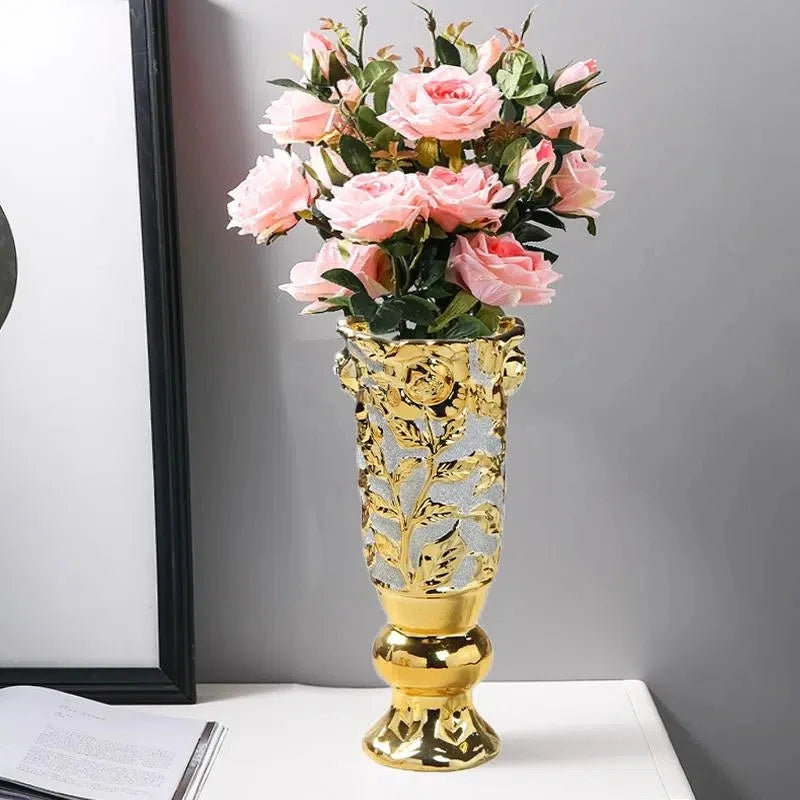 30CM Luxury Europe Gold Ceramic Vase Home Decor Creative Design Porcelain Decorative Flower Vase For Wedding Decoration