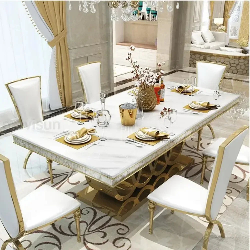 Modern Marble Top-Grade Dining Table And Chairs Combination Stainless Steel Crown Apartment Golden Carved Table Mesa Furniture