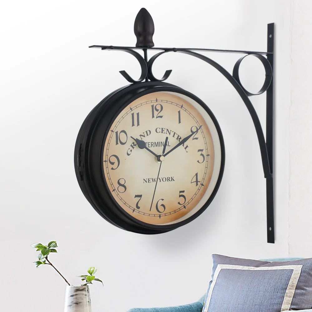 Vintage Wall Clock Living Room Silent Clock Double Sided Minimalist Antique Wall Clock Gifts Home Office Wall Hanging Art Deco