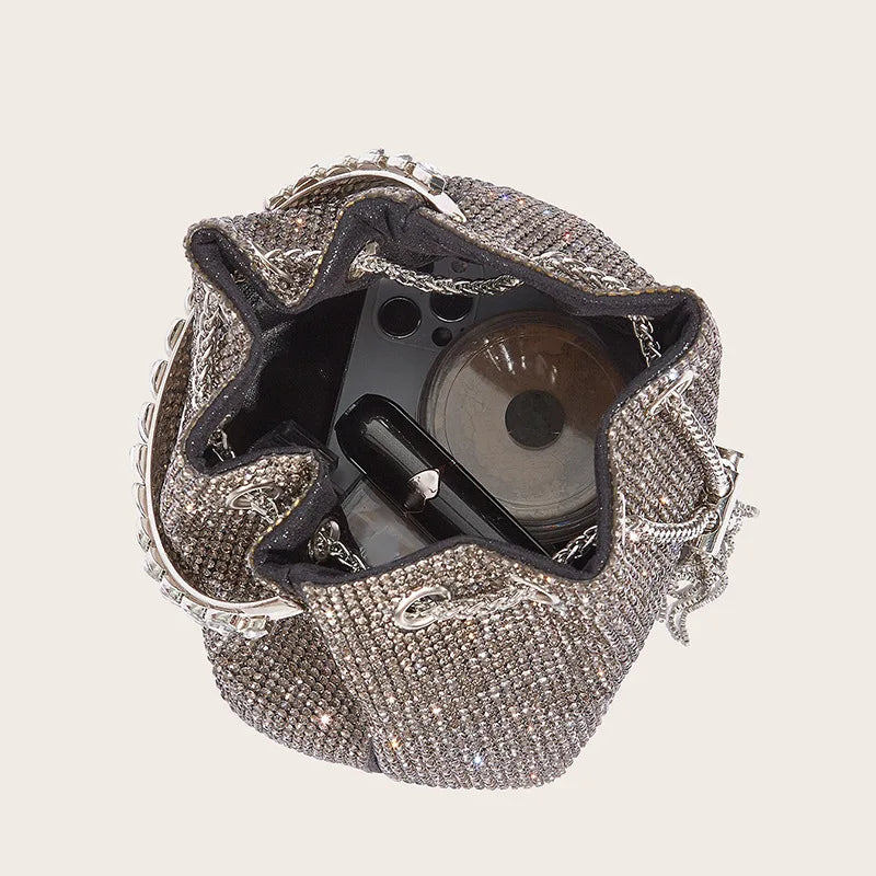 Luxury Designed Rhinestone Handbag Bling Handbags Women Brand PU Leather Metal Totes Modern Diamond Top Handle Drawstring Bag