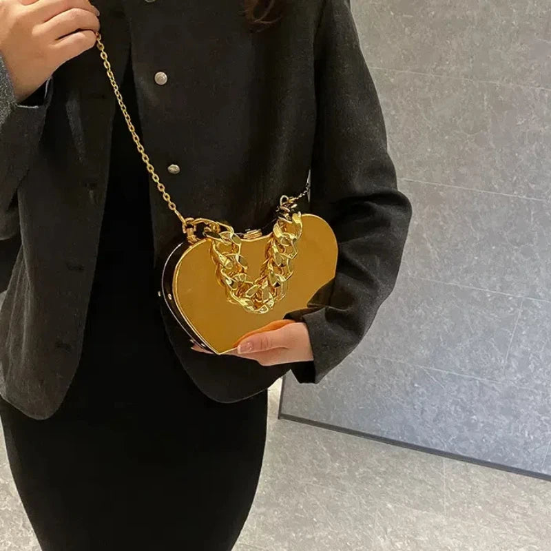 Metallic Bags for Women 2024 Trend Chain Fashion Cute Handbag Luxury High Quality Personality Party Mirror Female Shoulder Bag