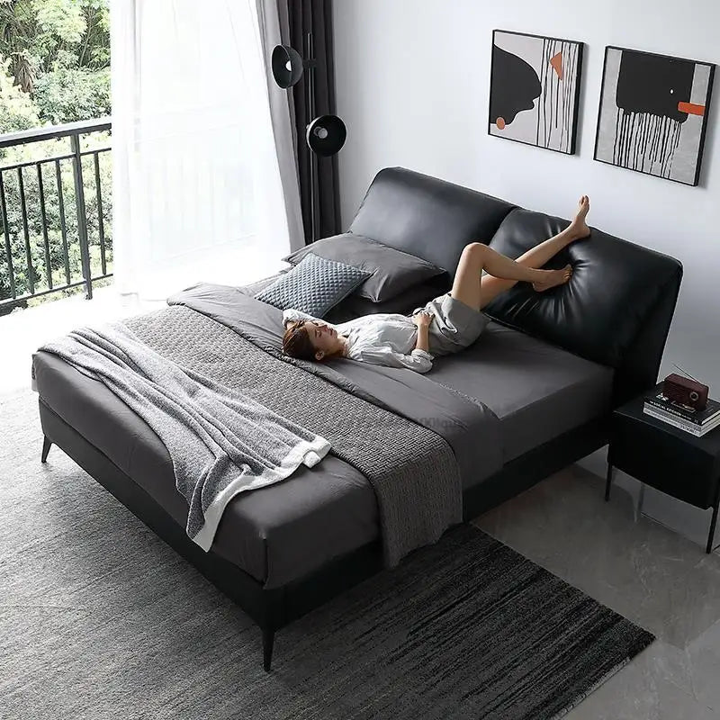 Nordic Leather Bed For Small Apartment 1.8 Meters Contemporary Minimalist Black Soft And Comfortable Double Master Wedding Bed