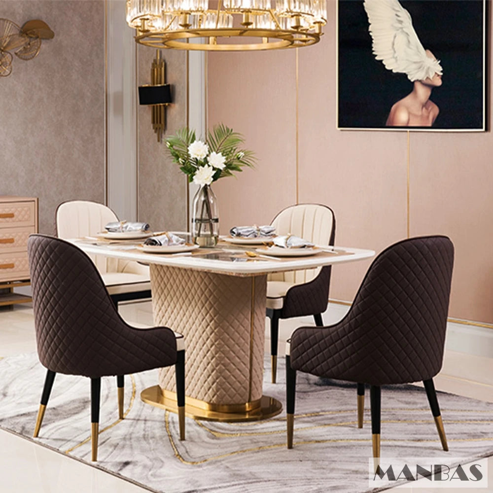 MINGDIBAO Dining Room Set: Genuine Leather Chairs & Rectangle Marble Table with Stainless Steel and Leather