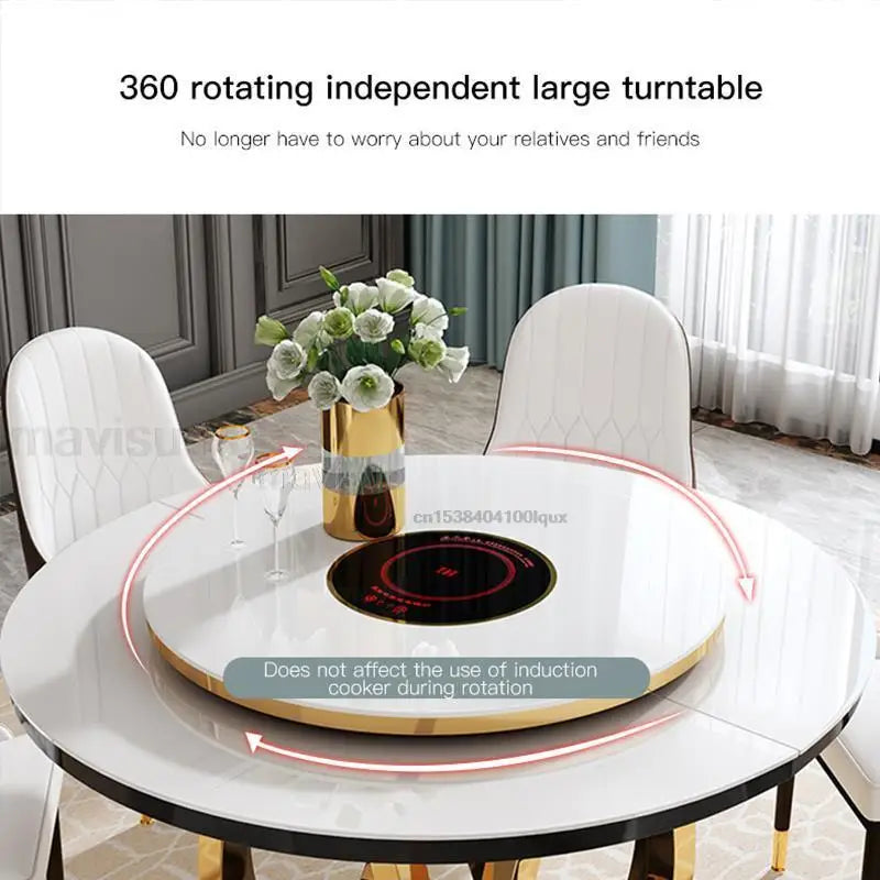 Combination Of Dining Table And 6 Chairs With Turntable Stainless Steel Frame Round Table Kitchen Furniture For Large Apartment