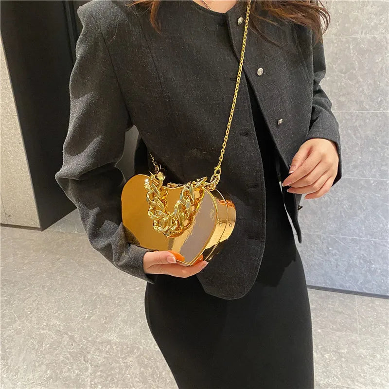 Metallic Bags for Women 2024 Trend Chain Fashion Cute Handbag Luxury High Quality Personality Party Mirror Female Shoulder Bag