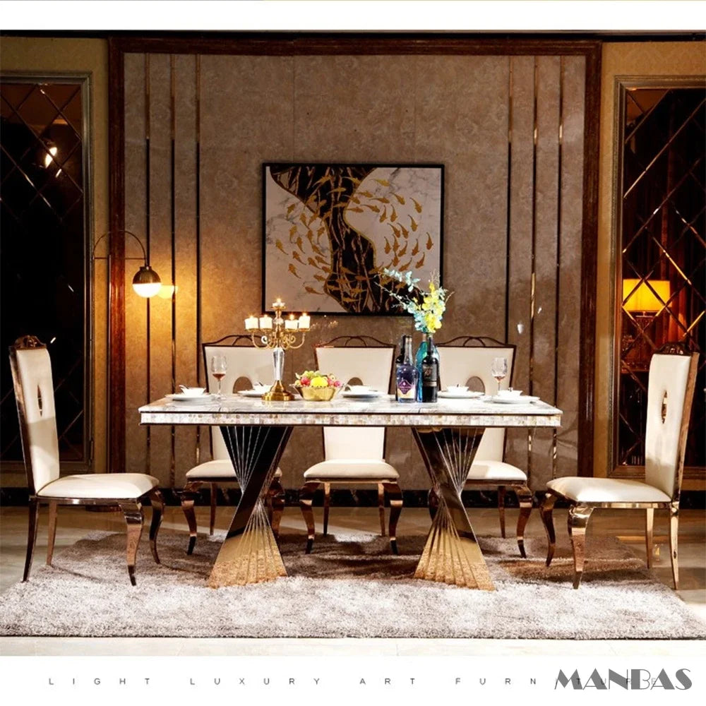 MANBAS Luxury Dining Set: 6 Stainless Steel Genuine Leather Chairs and Rectangle Marble Sea Shell Table kitchen room furniture