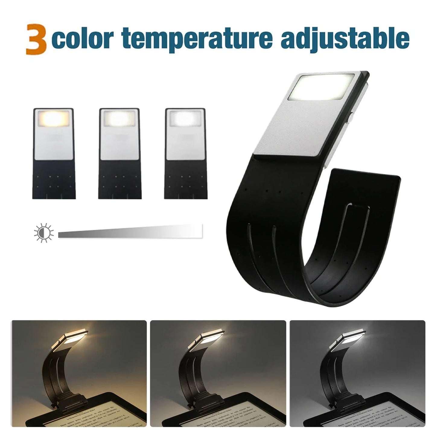 Portable LED Reading Book Light with Detachable Flexible Clip USB Rechargeable Lamp 3 Color Temperatures for Kindle EBook Reader