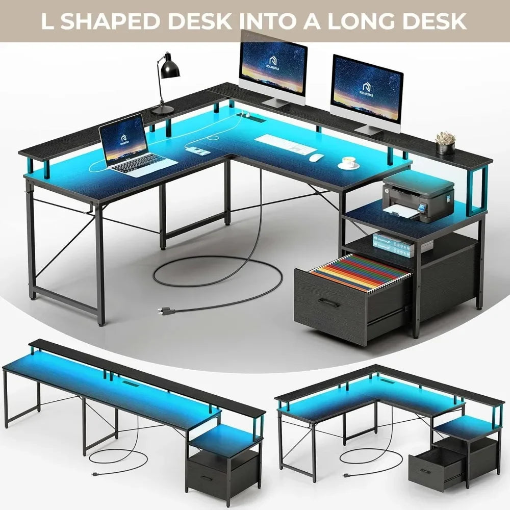 Computer Desk with File Drawer, 68" L Shaped Computer Corner Desk with Power Outlet & LED Strip, Home Office Desk with Monitor