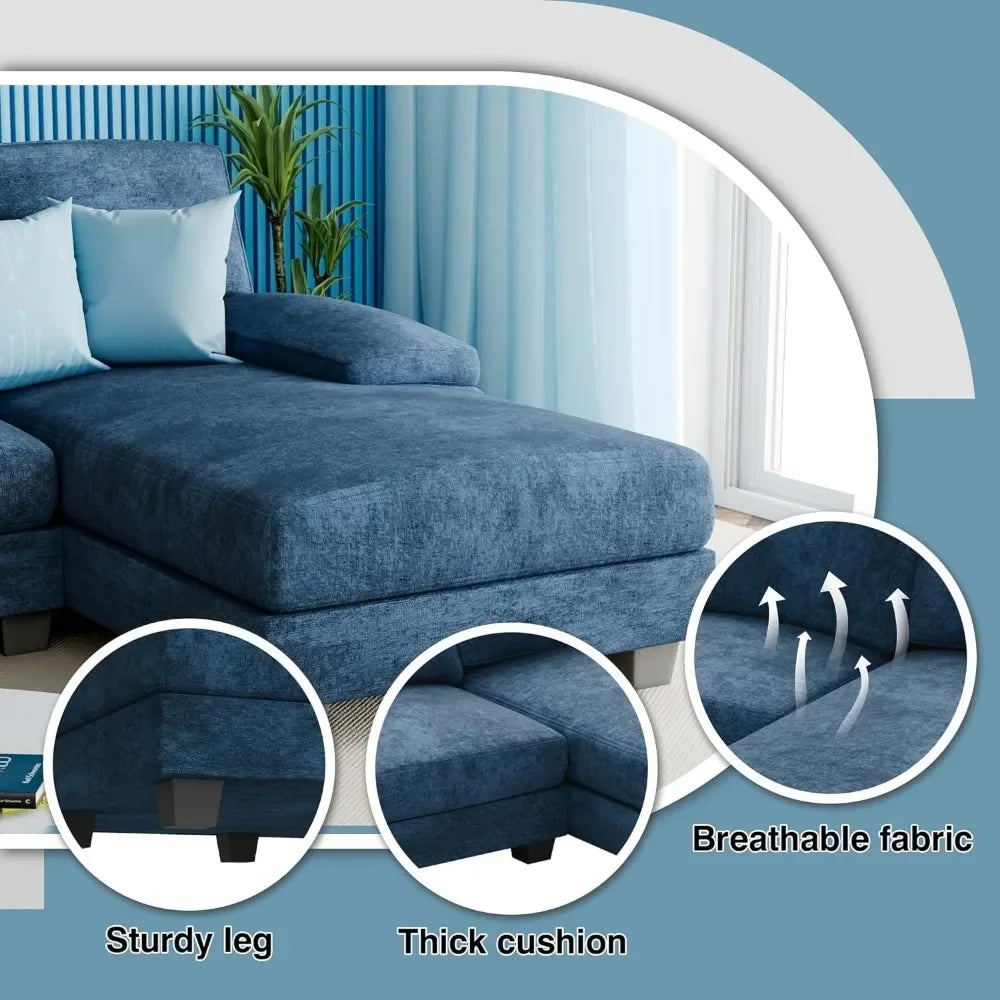 Convertible Sectional Sofa Couch,Fabric Modular Sofa Sleeper Chaise Memory Foam Blue 4 Seat Sofa Set for Living Room U-Shaped