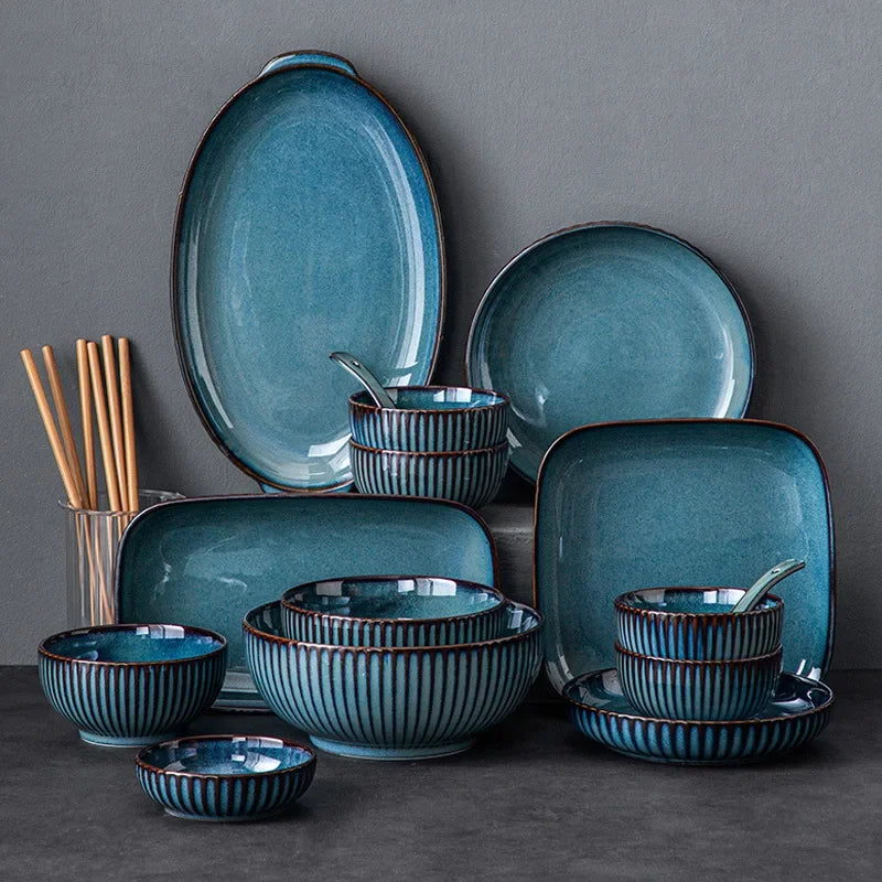 Blue kiln glaze tableware, ceramic rice salad, plate, plate, fish plate, tableware dinner set plates and dishes