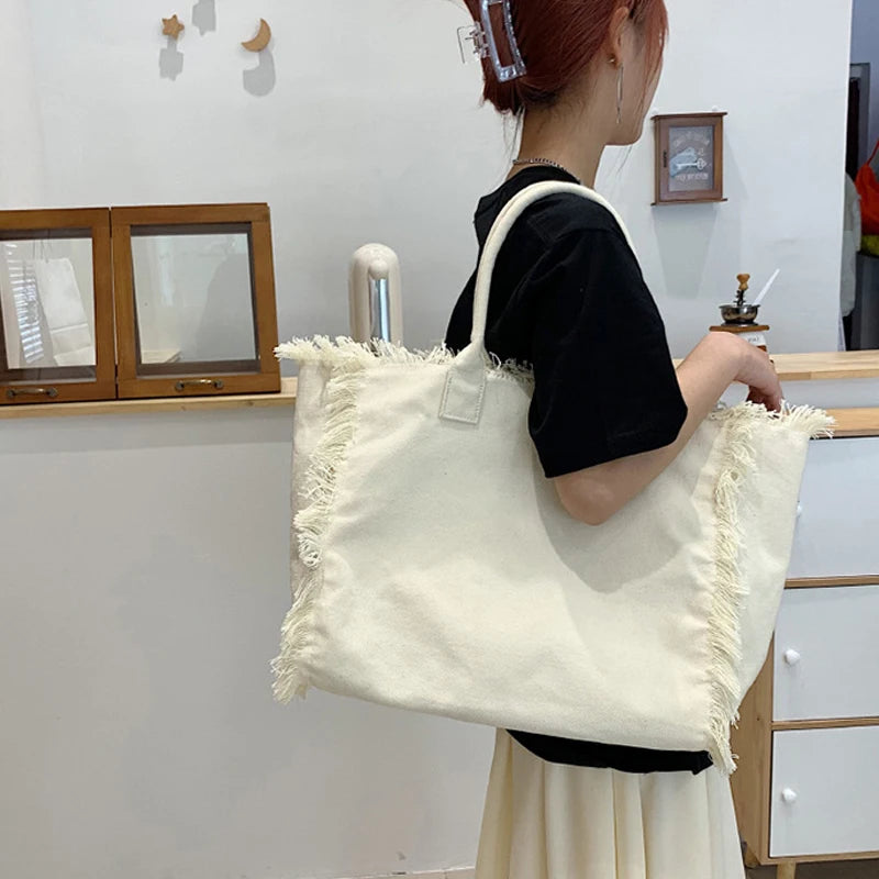 Casual Tote Bags For Women Handbags And Purse Luxury Designer 2023 New In Canvas Top Handle Tassel Trims Large Capacity Shoulder