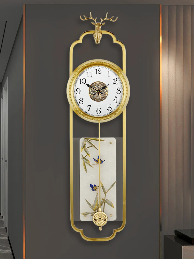 Wall clock, Chinese style light luxury pure brass living room wall clock, European retro creative art, atmospheric pendulum