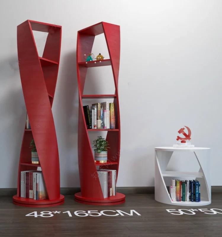 Wine red lacquer bookshelf, solid wood rotating bookshelf, circular storage rack, modern minimalist and irregular decorative