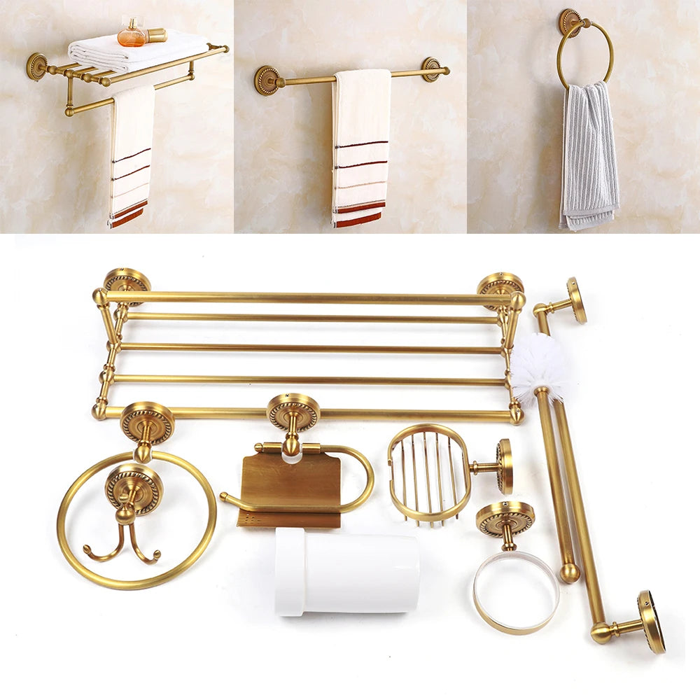 7PCs Copper Bathroom Wall Mount Pendant Set Toilet Hardware Pendant Towel Rack Combination Hanger Hook Paper/Brush Holder Shelf