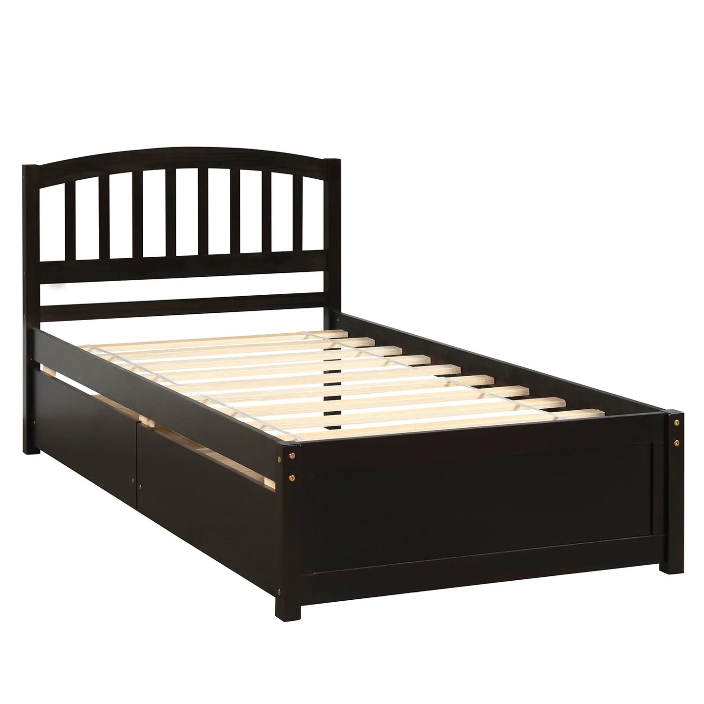 Espresso Twin Platform Storage Bed with Headboard, Two Drawers, Solid Wood Frame  79.50x41.70x37.50 in.