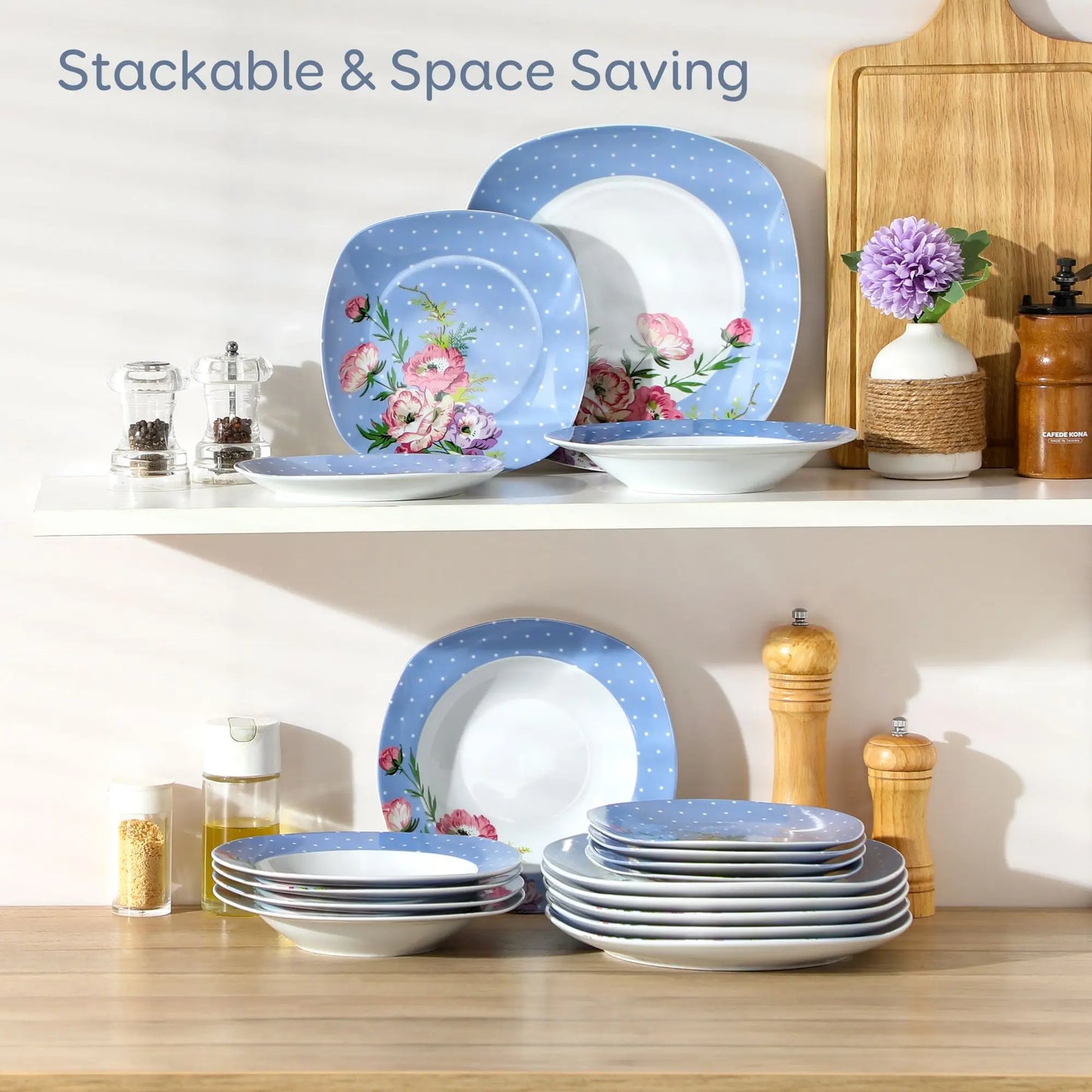 VEWEET Hannah Series 18/36 Piece Porcelain Ceramic Kitchen Tableware Dishes Plate Set with Dinner,Dessert,Soup Plate For 6/12