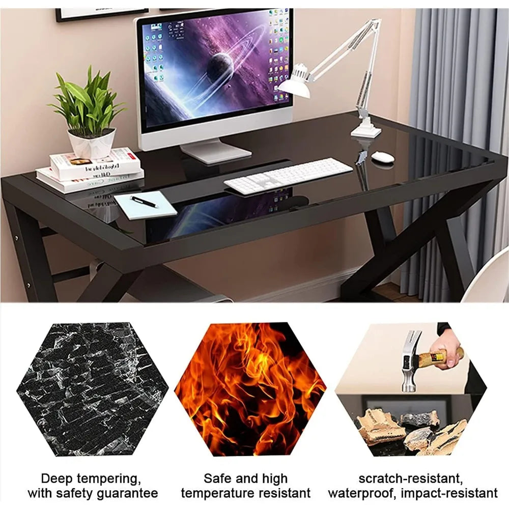 SAMERY Computer Desk Home Office Desks, 55.1 Inch Modern Simple Office Black Glass Desk Computer Table Study Gaming Writing