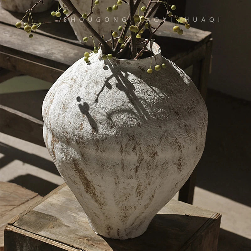 Wabi-Sabi Style Zen Arrangement Rough Pottery Jar Handmade Dried Flower Arrangement B&B Hotel Vintage Hydroponic Ceramic Vase