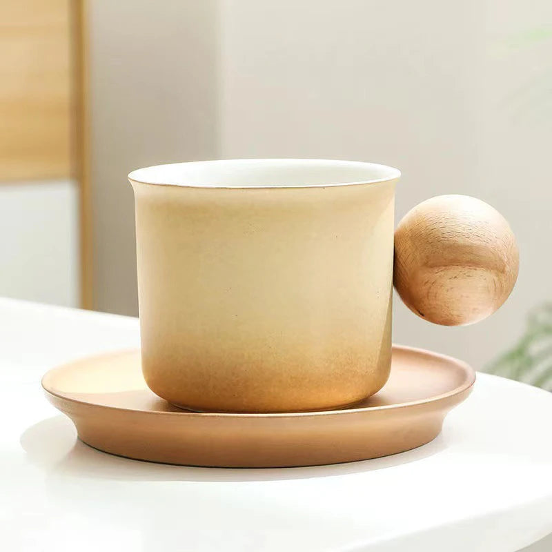 Latte Cup And Saucer Set Wood Handle Dessert Plate Ceramic Latte Cup and Saucer STea Mug Couples Mugs Ceramic Drinkware Set 1pcs