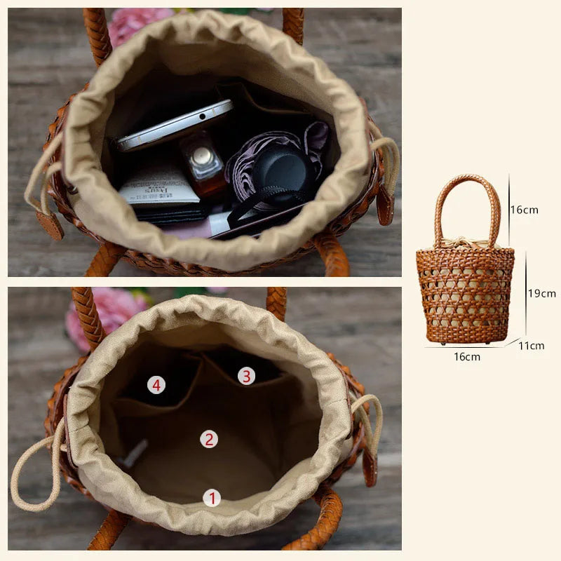 Hand Woven Cow Leather Handbags Women's Designer Luxury Messenger Bag Summer Evening Mini Beach Bag Ladies Shoulder Basket Bags