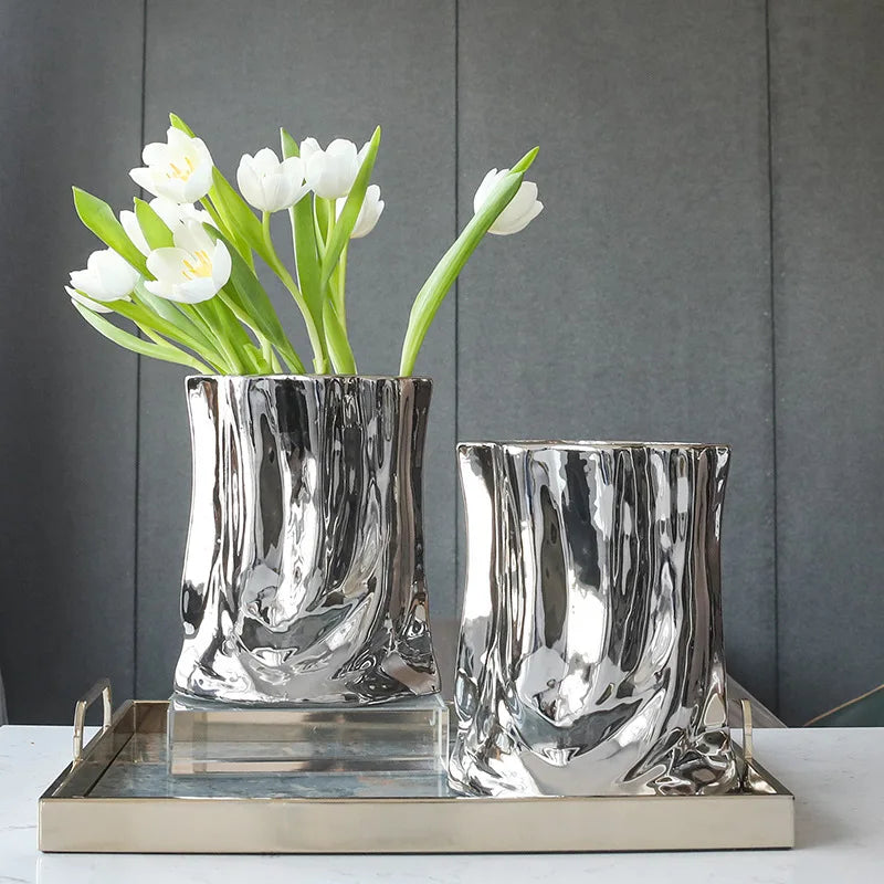 Nordic Silver Vase Creative Ceramic Vase Flower Art Luxury Coffee Shop Model Room Decoration Modern Home Decor Gift Ideas