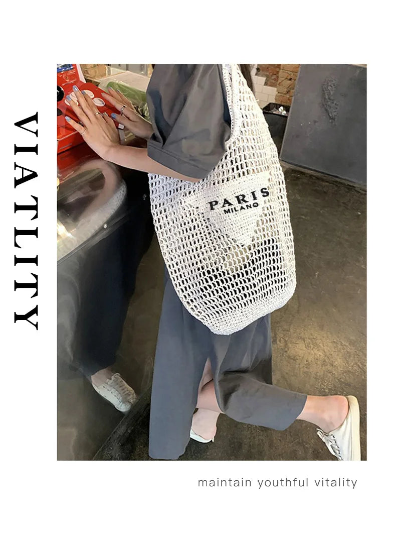 Luxury Design Women Bag Large Plaited Raffia Straw Capacity Casual Tote Handbag Hollow Summer Beach Vacation Shoulder Bag