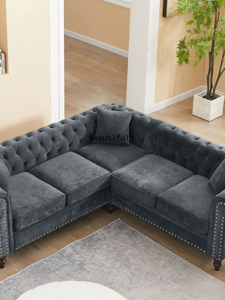 Tufted Upholstered Roll Arm Luxury Classic Chesterfield L-shaped Sofa 3 Pillows Included, Solid Wood Gourd Legs