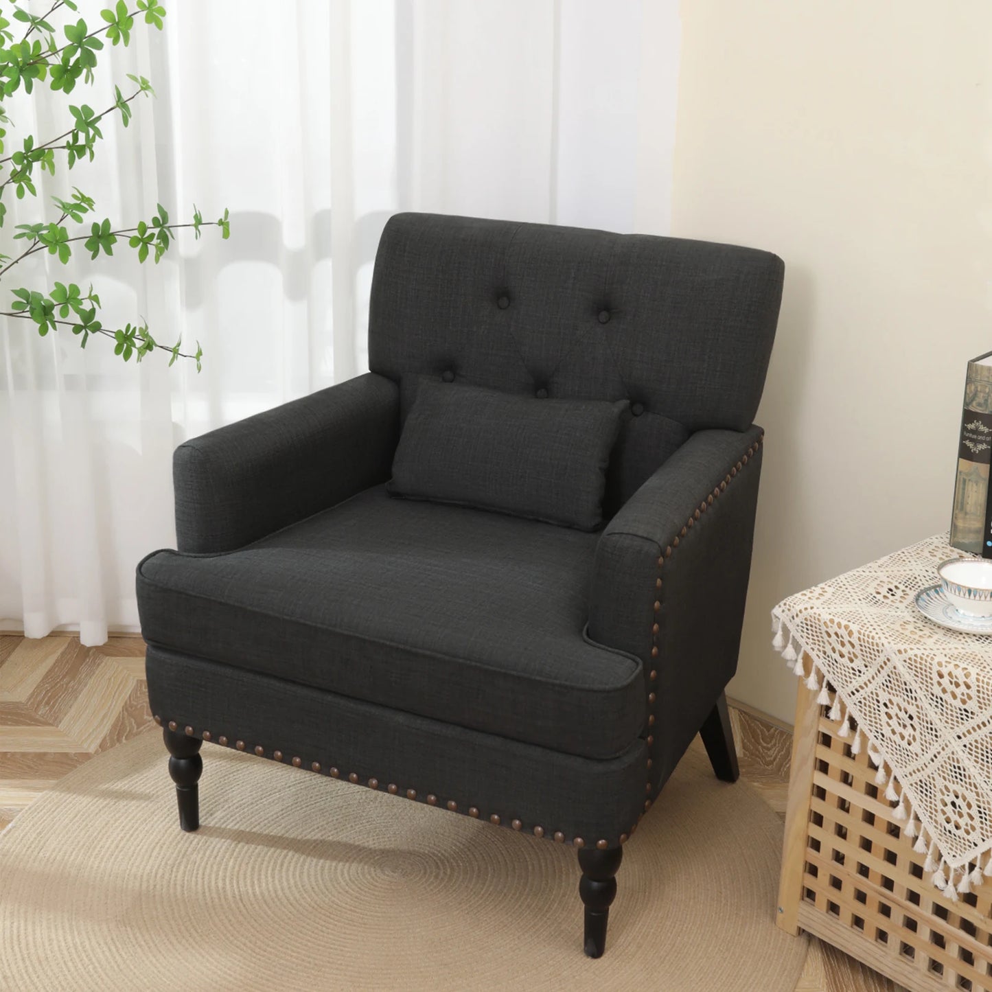 GERICCO Accent Chair for Living Room Comfy Club Chair with Pillow Lazy Sofa Button Tufted Rivet Armchair Luxury Nordic Furniture