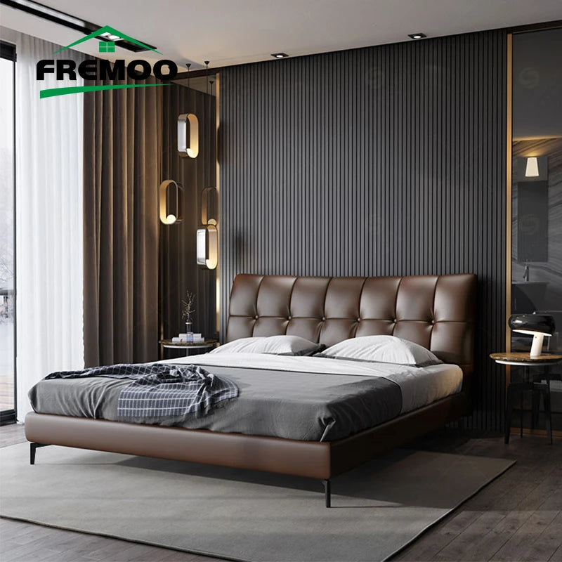 Modern Simple Queen Bed Frame 1.5/1.8m Italian Minimalist Small Apartment Leather Bed Lit 2 Personnes Moderne Disign Кровать