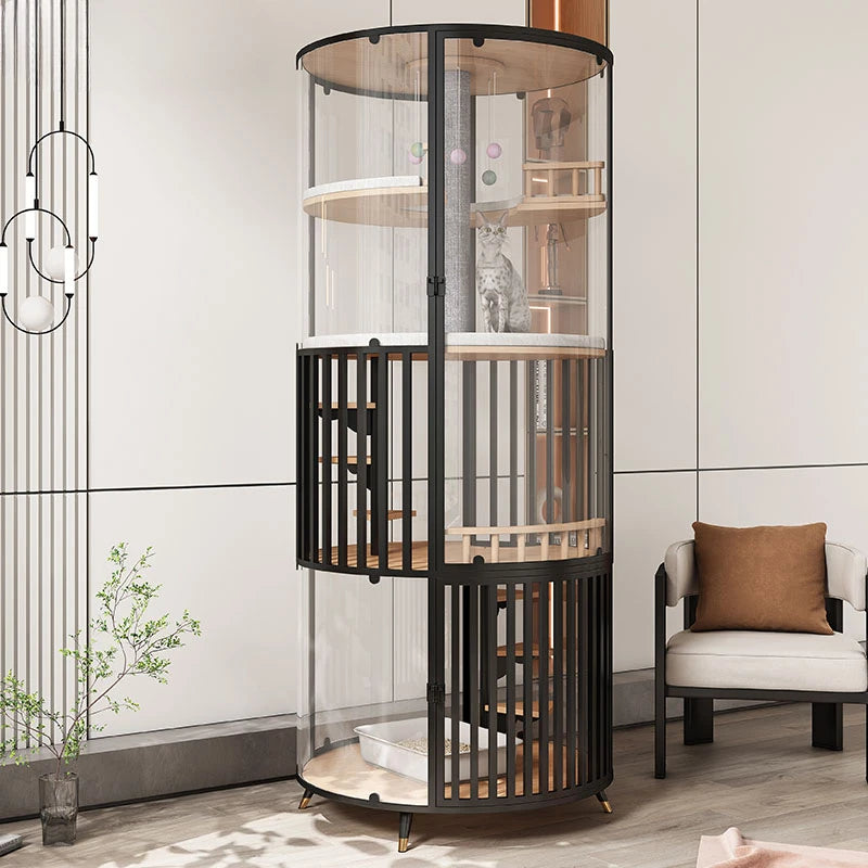 Circular panoramic display of cat furniture, high transparent glass luxury wooden cat house villa pet cage